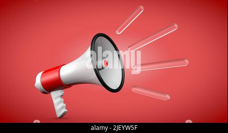 3D Render red and white megaphone isolated on red background. Stock Photo