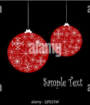 Christmas card with red glass balls with snowflake pattern over black background. Vector illustration with copyspace Stock Vector