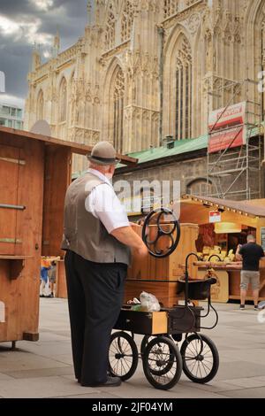 Musician playing his organ grinder regardless of the upcoming thunderstorm in the historic Centre of Vienna facing St. Stephans Cathedral Stock Photo
