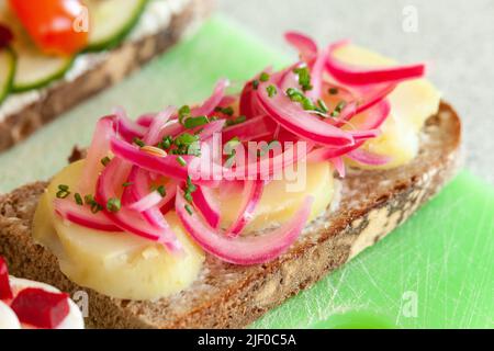 Danish style pickled red onion and potato open sandwich Stock Photo