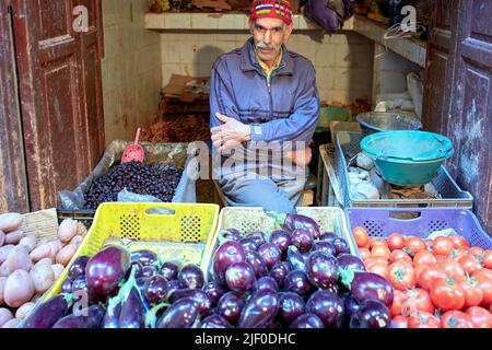 Morocco Fez. Greengrocer in the Medina Stock Photo