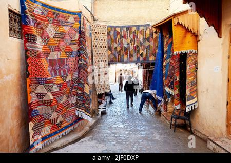 Morocco Fez. Carpets shop in the Medina Stock Photo