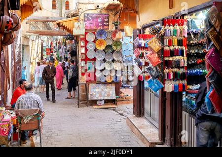 Morocco Fez. Shops in the busy Medina Stock Photo