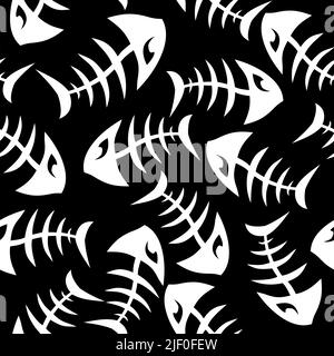 black and white seamless pattern of fish skeletons, repeating white pattern on a black background, design Stock Photo