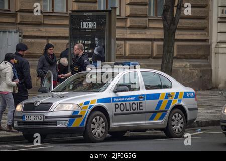 Typical police car in the streets of Praha. Skoda Octavia Stock Photo