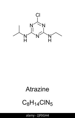 Atrazine, chemical formula and structure. Herbicide used to prevent pre emergence broadleaf weeds in crops, sugarcane and on turf. Stock Photo