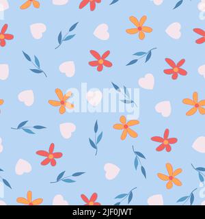 Modern stylish ditsy floral seamless pattern design of flowers, branches of leaves and heart shapes. Elegant repeat texture background for textile Stock Vector