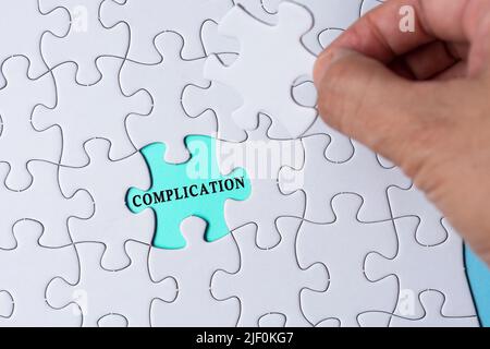 Person's Hand Holding Piece Of Puzzle With Word Complication. Stock Photo