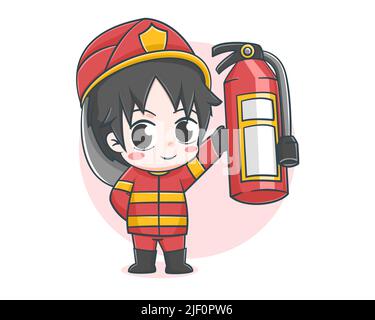 Cute fireman holding fire extinguisher cartoon illustration Stock Vector
