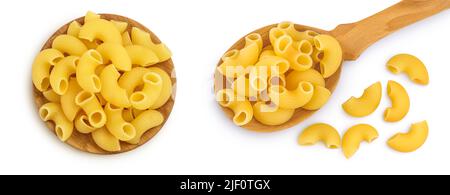 raw macaroni pasta in wooden spoon and bowl isolated on white background. Top view. Flat lay. Set or collection Stock Photo