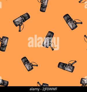 Microphone engraved seamless pattern. Music equipment for studio in hand drawn style. Sketch texture for fabric, wallpaper, textile, print, title, wra Stock Vector