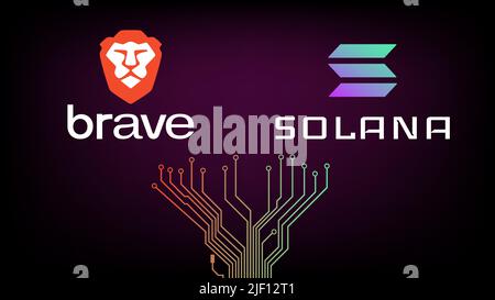 Brave Browser logo and Solana blockchain symbol with circuit board tracks on dark background. Brave now Integrates with Solana to Expand Web3 Access. Stock Vector