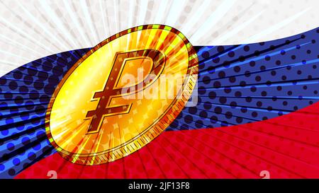 Gold coin with the sign of Russian Federation currency Ruble RUB and the colored flag of Russia on background. Vector illustration. Stock Vector