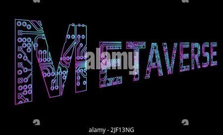Colorful word Metaverse outline in perspective isolated on black background. Contour design element in purple and cyan colors. Vector illustration. Stock Vector