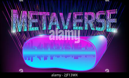 Virtual reality glasses with futuristic city inside and inscription Metaverse above them against the background of purple digital glow. Vector illustr Stock Vector