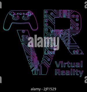 Colorful contours of letters VR abbreviation for Virtual Reality perforated with PCB circuit board tracks and gamepad joystick isolated on black backg Stock Vector