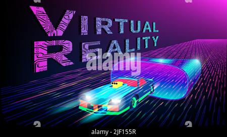 Futuristic Virtual Reality perforated inscription with PCB tracks with car move out from virtual glasses on purple background. Illustration in perspec Stock Vector