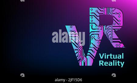 Colorful letters VR abbreviation for Virtual Reality perforated with PCB circuit board tracks with copy space on dark magenta background. For banners Stock Vector