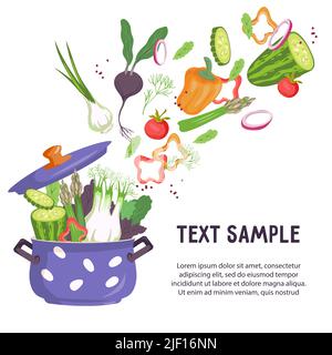 Banner or poster with vegetables flying out of cooking pot, flat vector illustration. Recipe book and food banner or poster template. Healthy vegetari Stock Vector