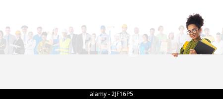 Group of diverse professionals and student presenting empty banner. Isolated on white, copy space for text Stock Photo