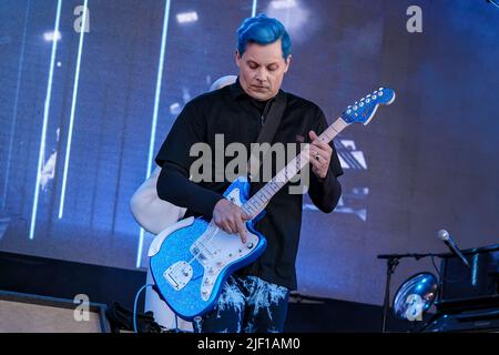 Singer songwriter and guitarist John Anthony White, ne Gillis, commonly known as Jack White III, garage revivalist, performs live on the Park Stage at Glastonbury Festival. He is a 12 time Grammy Award winner and former frontman of American rock band duo The White Stripes. Stock Photo