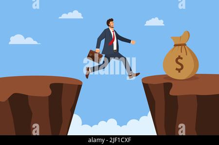 Businessman jump through the gap obstacles between hill success. Running and jump over cliffs. Business risk and success concept. Cartoon Vector Illus Stock Vector