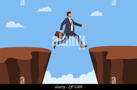 Businessman jump through the gap obstacles between hill success. Running and jump over cliffs. Business risk and success concept. Cartoon Vector Illus Stock Vector