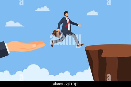 Businessman jump through the gap obstacles between hill success. Running and jump over cliffs. Business risk and success concept. Cartoon Vector Illus Stock Vector