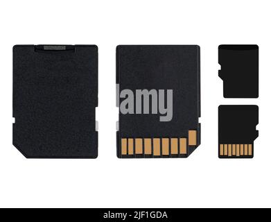 MicroSD and SD adapter on white background, collage Stock Photo