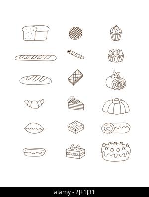 Bakery collection bread and sweet cake doodle outline illustration. Stock Vector