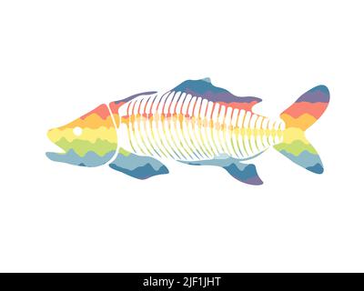 Vector illustration with rainbow fish skeleton isolated on a white background. Stock Vector