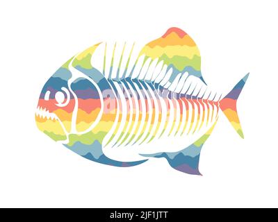 Vector illustration with rainbow fish skeleton isolated on a white background. Stock Vector