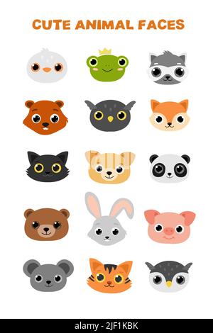 cute animal faces flat vector set illustration. Stock Vector