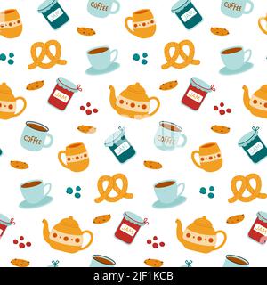 seamless pattern tea, coffee with jam and cookies Stock Vector