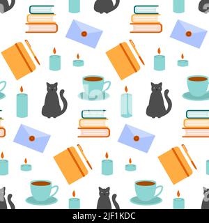 seamless pattern book candles cat Stock Vector