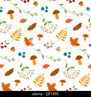 seamless pattern autumn leaves mushrooms and berries Stock Vector