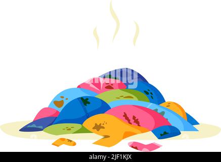 Pile of clothes on floor. Heap of dirty stinky laundry. Stack of dirty smelly apparel on laundry day. Wardrobe mess. Flat illustration. Stock Vector