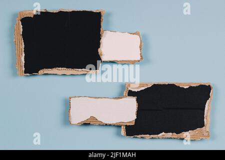 Pieces of black and white corrugated cardboard with torn edges on light blue background. Top view, copy space Stock Photo
