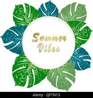 Summer Vibes. Summer green tropical flyer design with tropical flowers and monstera leaves. Frame design. Copy space Stock Vector