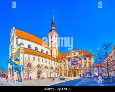 BRNO, CZECH REPUBLIC - MARCH 10, 2022: Panorama of the landmarks of Moravian Square, on March 10 in Brno, Czech Republic Stock Photo