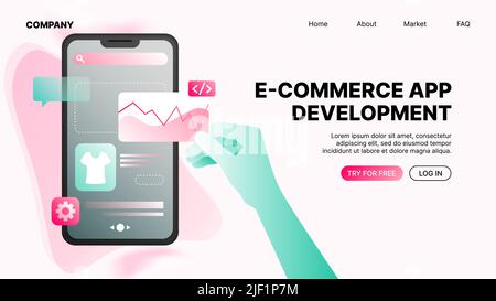 Ecommerce App Development. Landing Page Template. Vector illustration Stock Vector