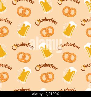 Vector seamless pattern of oktoberfest  lettering, pretzels and beer mugs Stock Vector