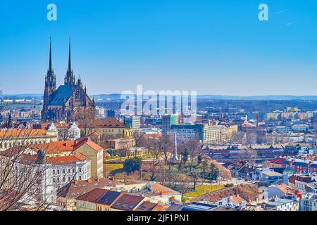The beautiful cityscape of Brno with monumental Cathedral of Saints Peter and Paul dominating over horizon, Czech Republic Stock Photo