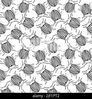 Vector seamless black and white pattern of hand drawn doodle isolated colorado potato beetles Stock Vector