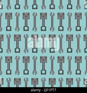Engine piston and Wrench pattern seamless. motorcycle pistons background. Car workshop texture Stock Vector