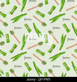 Vector seamless flat lay pattern of pandan leaves, shredded pandan spices in wooden spoon and wrapped leaves on green background Stock Vector