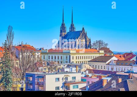 Magnificent Gothic Cathedral of Saints Peter and Paul with its high spires is the most exciting landmark of old Brno, Czech Republic Stock Photo