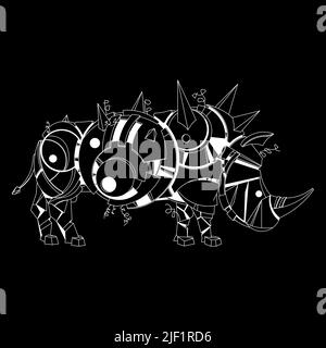 Vector illustration of creative hand drawn steampunk graphic stencil rhinoceros, zentangle, coloring book, mechanical animal Stock Vector