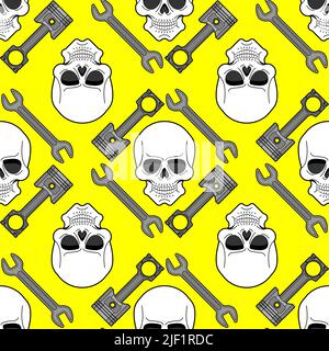 Skull and Engine piston pattern seamless. motorcycle pistons background. Car workshop texture Stock Vector
