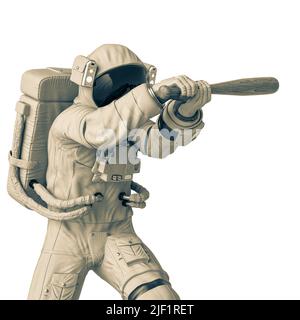 astronaut is attacking with a baseball bat pose two, 3d illustration Stock Photo